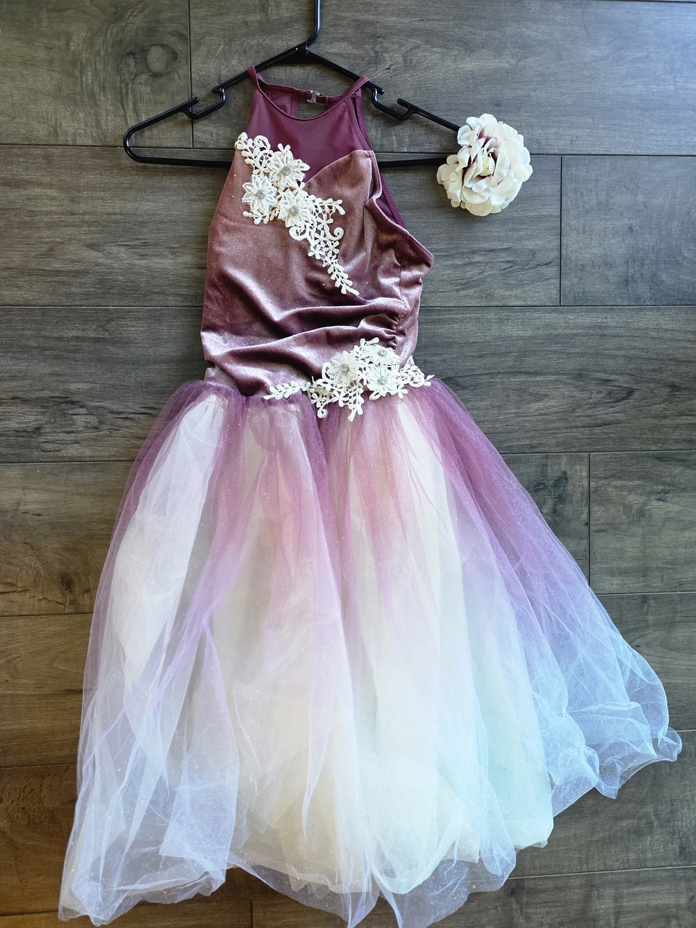 Ballet Dance Costume - Pink Purple Velvet Tulle Dress with Lace Appliqués (SA)
